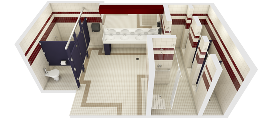 Floorplan of a Channel Island Residence Hall High Rise Bathroom.