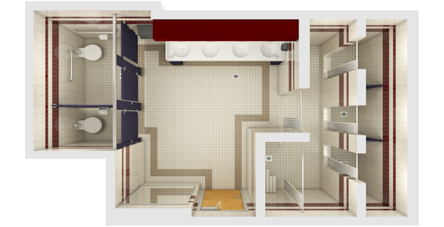 Floorplan of a Channel Island Residence Hall High Rise Bathroom.