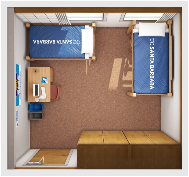 Floorplan of a Channel Island Residence Hall High Rise Bedroom.