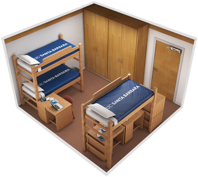 Floorplan of a Channel Island Residence Hall High Rise Bedroom.