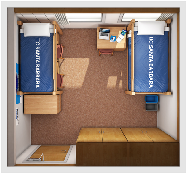 Floorplan of a Channel Island Residence Hall High Rise Bedroom.