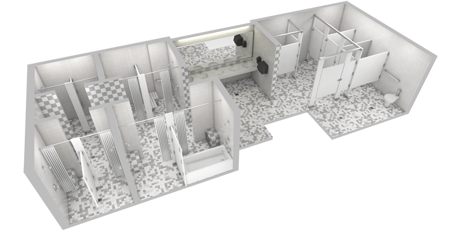 Floorplan of a Channel Island Residence Hall Low Rise Bathroom.