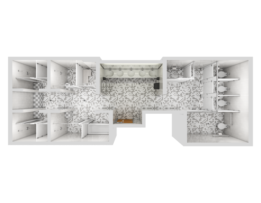 Floorplan of a Channel Island Residence Hall Low Rise Bathroom.