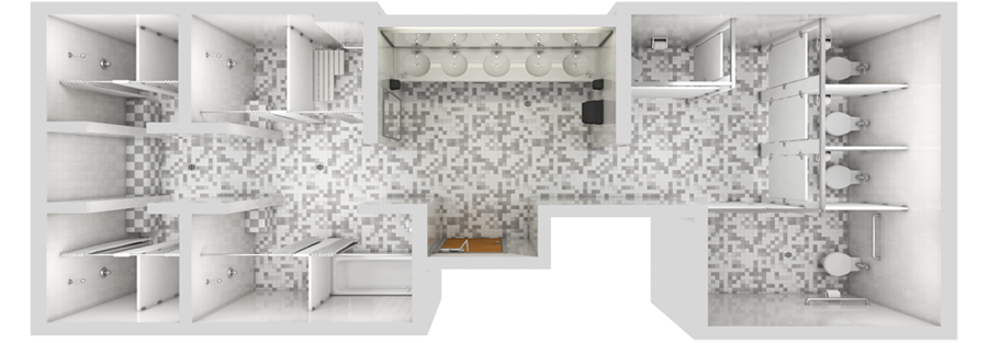 Floorplan of a Channel Island Residence Hall Low Rise Bathroom.