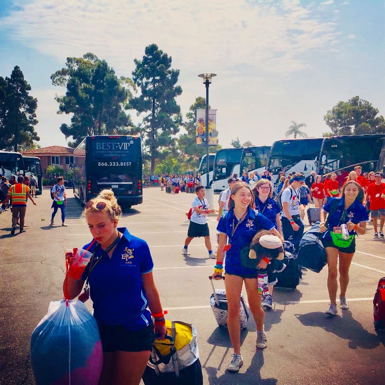 Youths on buses arriving at Anacapa