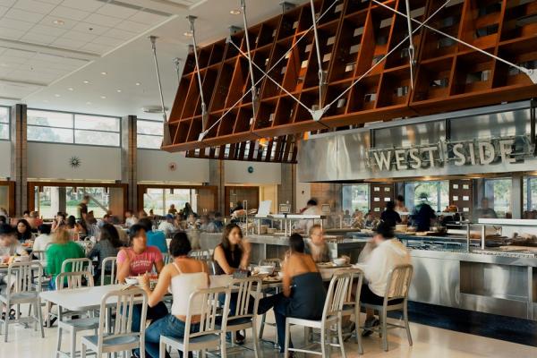 Students and staff eating inside of De La Guerra Dining Commons
