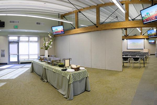 Half-room classroom setup with catering