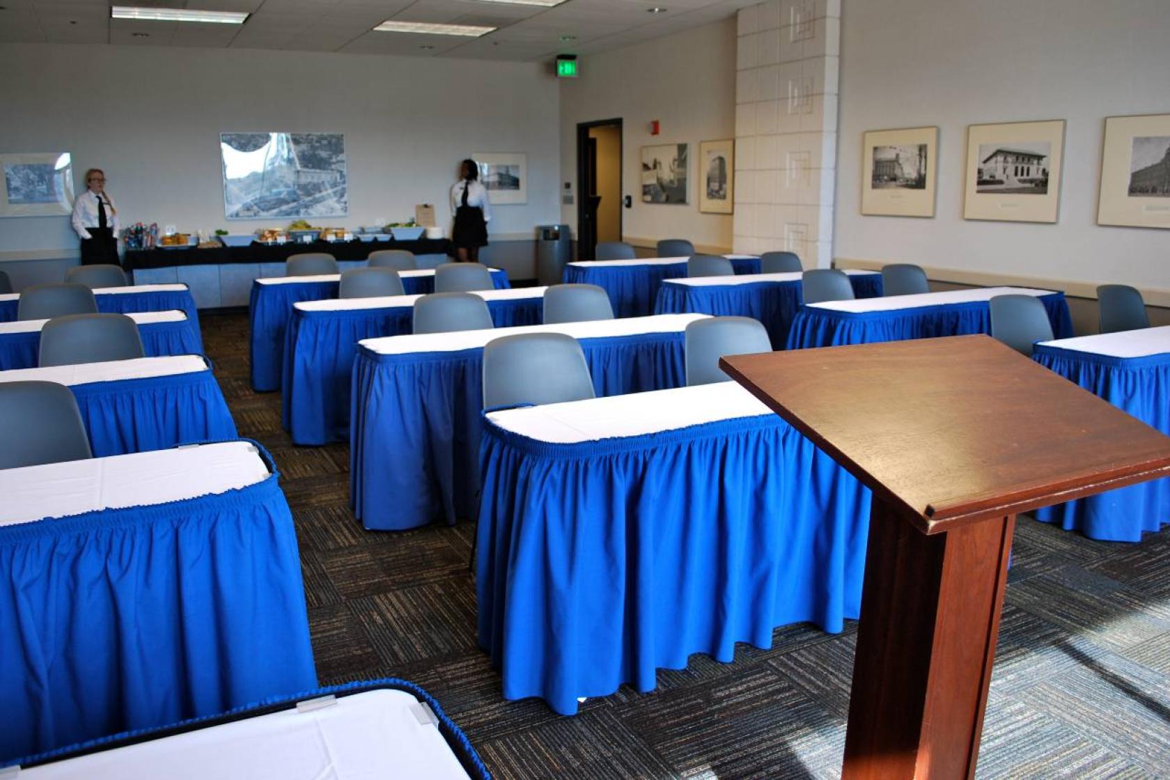 UCen Classroom with tables and catering.